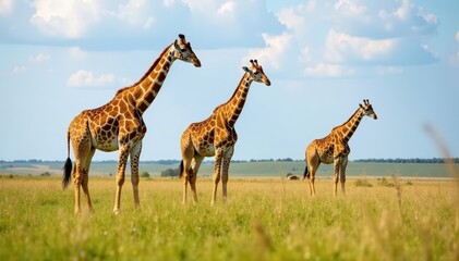 Three giraffes graze peacefully in Kenyan savanna grassland , Africa, ecosystem
