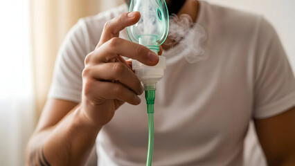 Person Using Inhaler for Breathing Treatment
