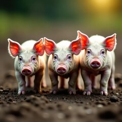 Three small pigs in mud, looking directly at viewer , nature, three
