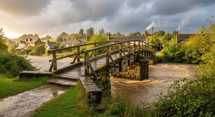 An old wooden footbridge crosses a rapidly flowing muddy river near idyllic village homes.