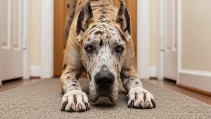 Harlequin Great Dane dog resting indoors