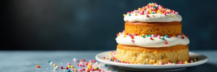 Three-tiered cake, rainbow sprinkles, white frosting, cream, delicious