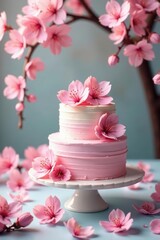 Tiered pastel cake, pink blossoms, dreamy setting, pastry, buttercream