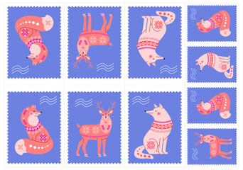 Set of postage stamp-shaped packaging labels featuring cute forest animals: fox, wolf, deer. Vector illustrations are on A4, A3 paper for home printing, cutting out with scissors for children's craft.