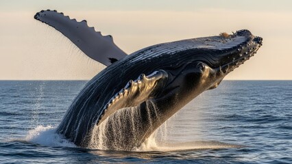Humpback whale breaching in the ocean during daylight