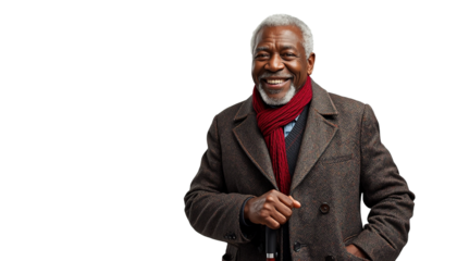 A smiling senior man in a brown coat on transparent background