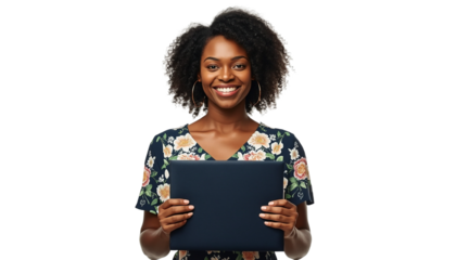 A smiling woman holding a tablet on transparent background