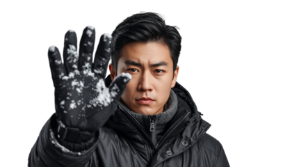 A man with snow on his glove on transparent background