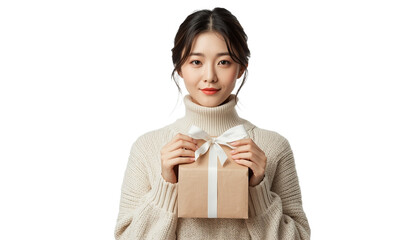 A young woman holding a gift box on transparent background
