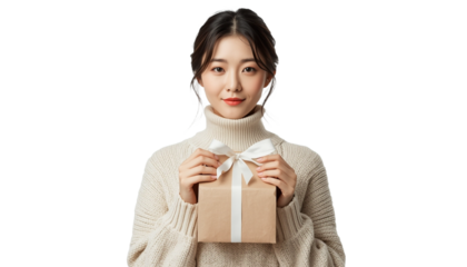 A young woman holding a gift box on transparent background