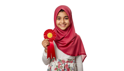 A young girl wearing a hijab holding a red rosette on transparent background
