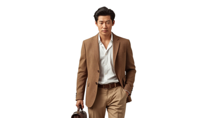 A young Asian man in a brown suit on transparent background