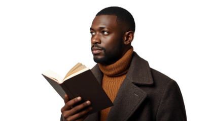 A man reading a book on transparent background