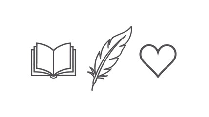 A minimalist illustration showing a book, feather, and heart, symbolizing the love of reading and writing.