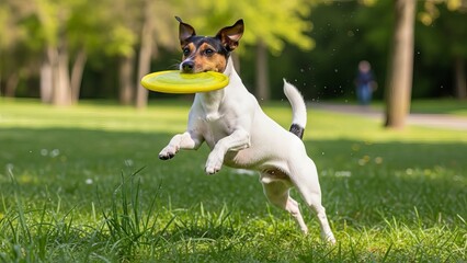 Jack Russell Terrier Dog Leaping to Catch Yellow Frisbee in Sunny Park