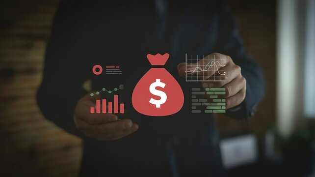 A businessman analyzing financial data with a digital money bag and graphs in a dark office setting. - Powered by Adobe