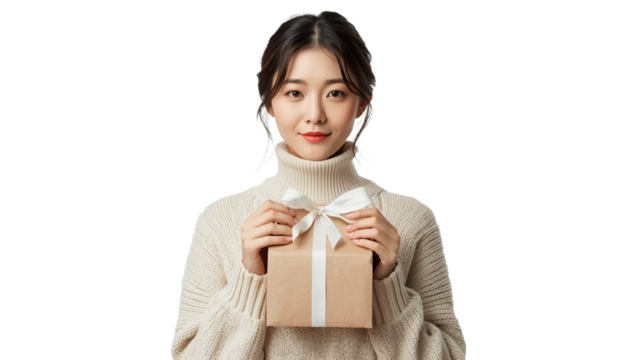 A young woman holding a gift box on transparent background - Powered by Adobe