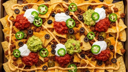 Loaded Nachos with Beef, Guacamole, Salsa, and Jalapenos