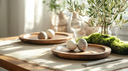 Elegant Easter table, wooden plates, burlap table runner, mossy centerpiece with speckled eggs and olive branches. Warm light, delicate shadows. Easter concept. Horizontal web banner for social media
