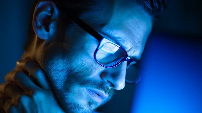 Man with glasses staring at computer screen with blue light at night