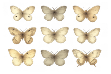 Vintage butterfly collection with watercolor sepia tone insects, observing natural history and entomology on transparent background