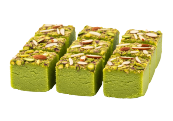 pistachio halva cubes with almond toppings on white background