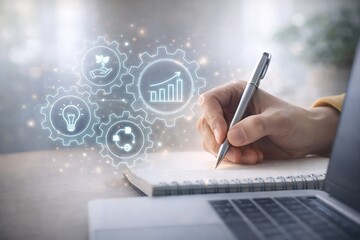 Business strategy planning and process optimization concept with gears icons representing growth, ideas and workflow.