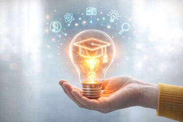 Concept of creative education and innovative learning with a light bulb containing a graduation cap icon.