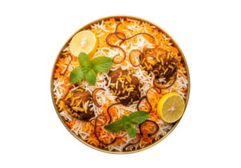 prawn biryani bowl with lemon mint garnish