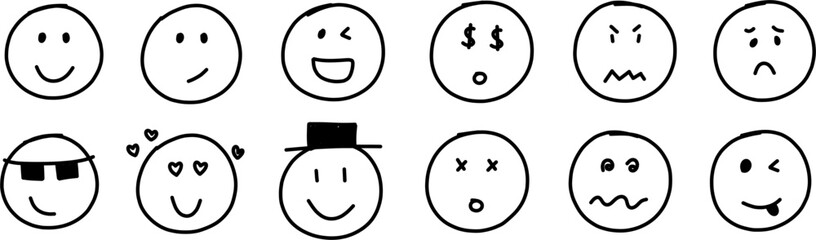 set of hand drawn sketch smiley or emoji faces showing various emotions isolated on white or transparent png