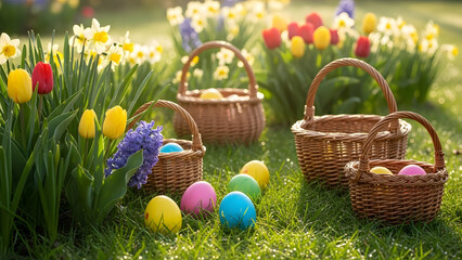Colorful Easter eggs and traditional wicker baskets on lush green grass with blooming spring flowers in sunny garden for festive holiday concept.