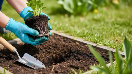 Hands in blue gloves planting a small green seedling with visible roots into rich soil in a raised garden bed for spring gardening and growth concept