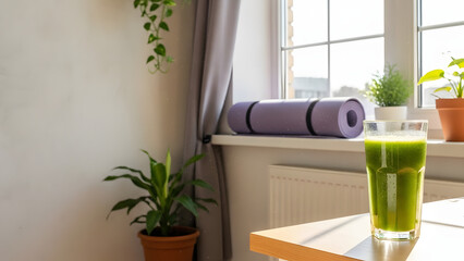 Bright home interior with green smoothie and yoga mat by sunny window for healthy lifestyle concept and morning wellness routine