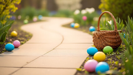 Bright colorful Easter eggs scattered along a winding garden path with a wicker basket in sunny spring nature for a festive holiday celebration concept