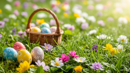 Vibrant Easter eggs and a wicker basket resting in lush green grass with spring wildflowers and morning light for a joyful holiday celebration concept