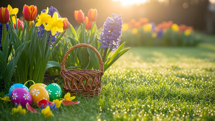 Colorful Easter eggs and wicker basket resting on lush green grass with spring flowers in a sunlit garden for holiday celebration concept