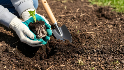 Close up of gloved hands planting a small green seedling with visible roots into dark fertile soil for growth concept and new beginnings on a sunny day