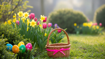 Woven Easter basket with pink ribbon and colorful decorated eggs nestled in vibrant spring garden flowers for holiday celebration concept