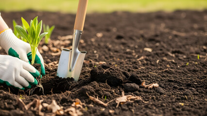Hands in gardening gloves planting a small green plant into rich dark soil for new life concept and sustainable agriculture   