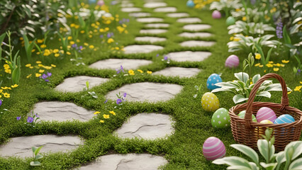 Colorful decorated Easter eggs scattered along a winding stone path in a vibrant green garden with a wicker basket, for spring celebration concept
