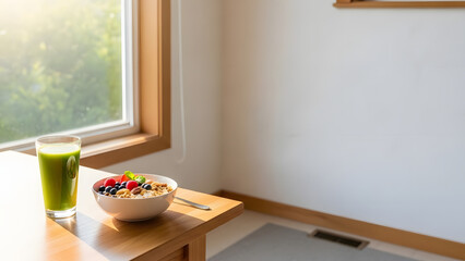 Healthy breakfast bowl with fresh berries and green smoothie on a wooden table by a sunny window for a wellness concept and bright morning