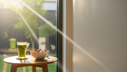 Vibrant green smoothie and berry breakfast bowl by a sunny window for healthy living concept and wholesome morning routine