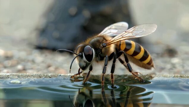 Ultra detailed 4K macro wildlife footage of honeybee perched at the water&rsquo;s edge extending its proboscis to drink capturing delicate insect behavior natural survival 