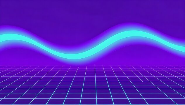 Vibrant purple background with glowing blue wave line and grid pattern for futuristic technology or retro video game design with cyberpunk and synthwave
