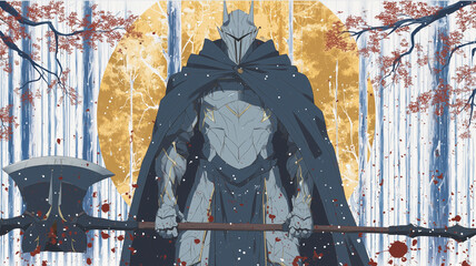 Epic Knight Warrior with Battle Axe in Birch Forest