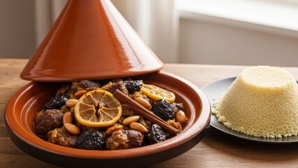 Moroccan Lamb Tagine Stew with Dried Fruits and Nuts in Terracotta Pot