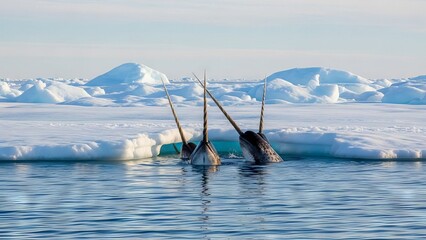 Narwhals with prominent tusks surfacing in Arctic waters amidst ice floes