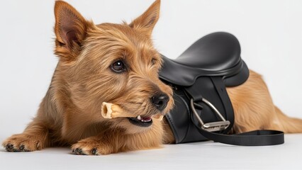 Norfolk Terrier Dog Chewing Bone Beside Equestrian Saddle