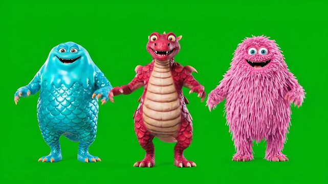 Three cartoon monsters dancing on green screen