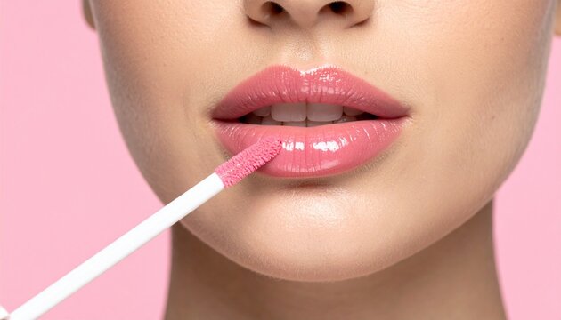 Pink lip gloss application on female lips